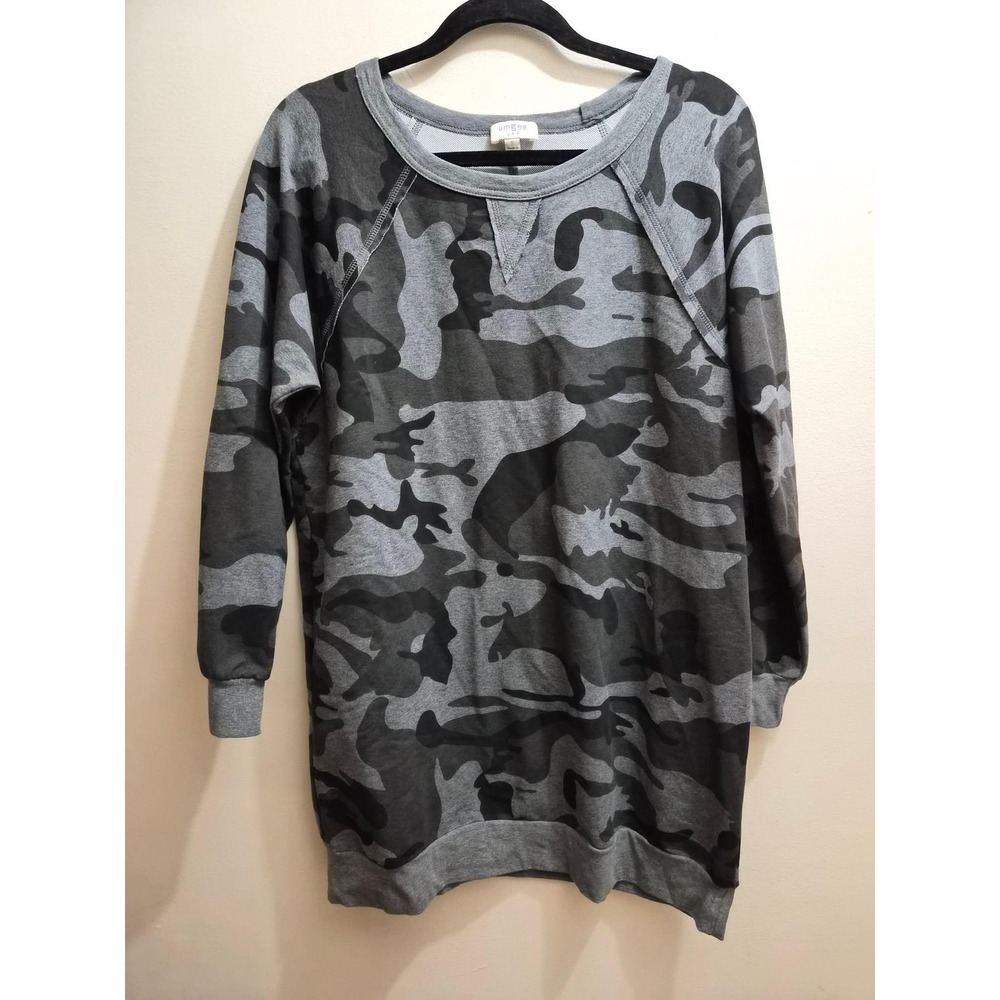 Umgee Camo Sweatshirt Gray Black Camouflage Tunic Pullover Raglan Small NWOT